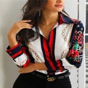 Women’s Blouse/Gold Chains Floral Pattern Dress Shirt/Slim Fit